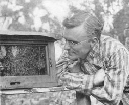 On the porch of his study...a small observation hive...