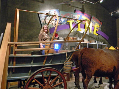 Oxen drawn pioneer wagon replica.